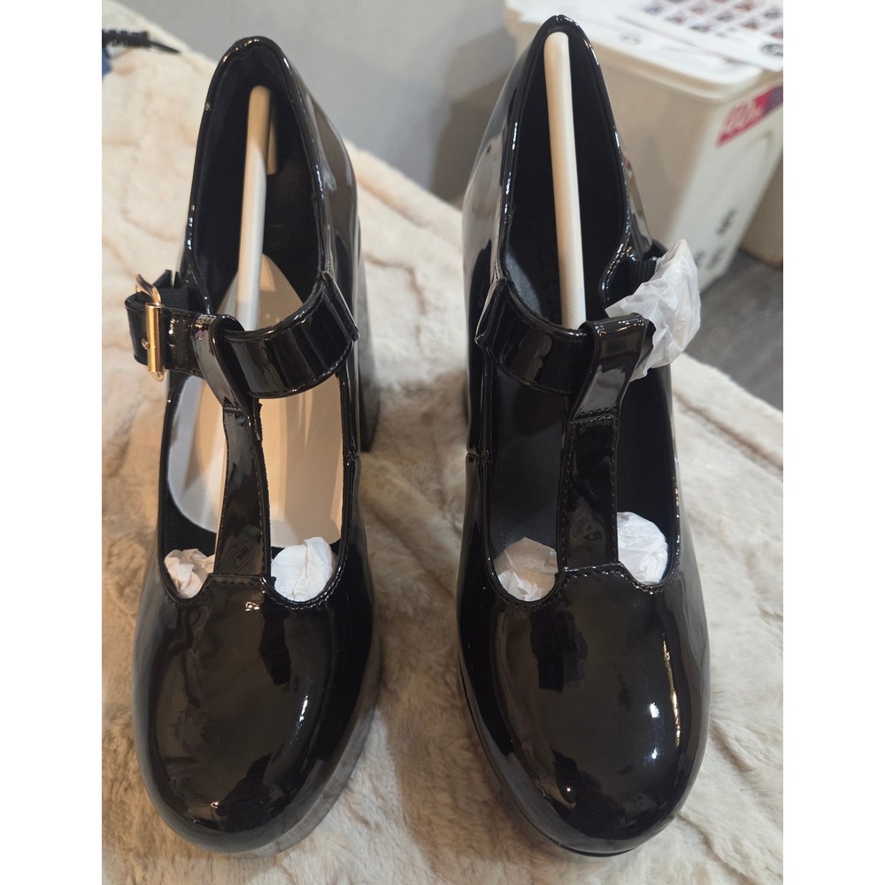 Black Patent T-Strap Platform Mary Jane Pumps Chunky Block Heel Gothic Size 6 - Picture 10 of 16